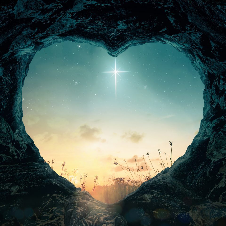 Good Friday concept: The cross of star with heart shape of empty tomb on night background