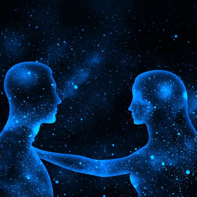 Space woman and a man on a blue starry universe background
